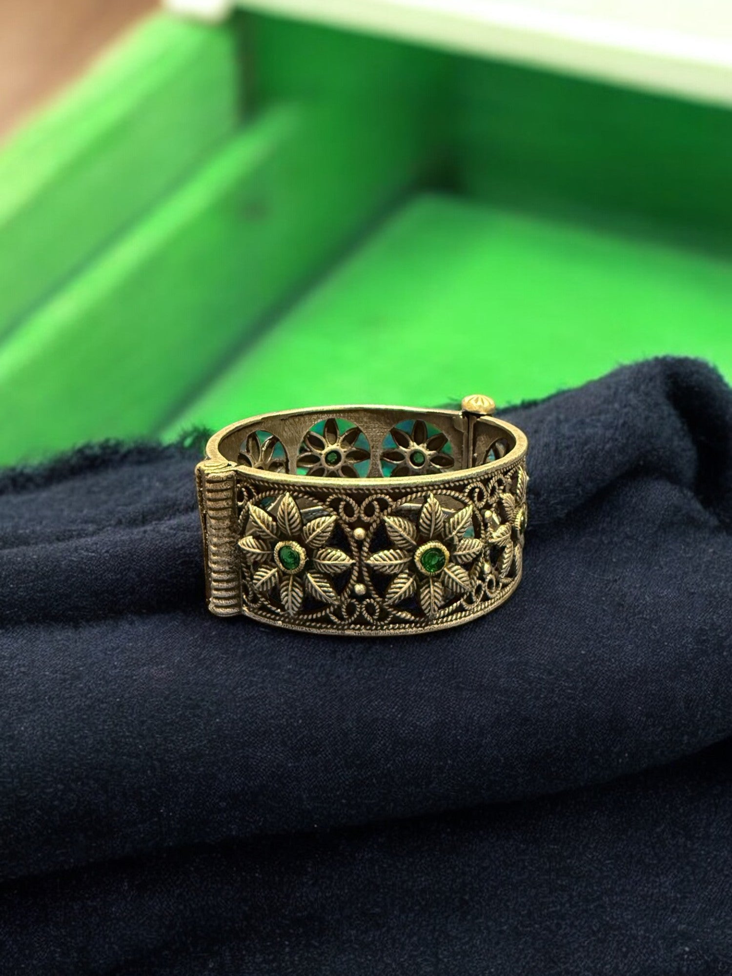 Handcrafted Oxidized Alloy Bracelet for Women – Vintage Floral Design with Green Stones - Salt & Sparkle Co