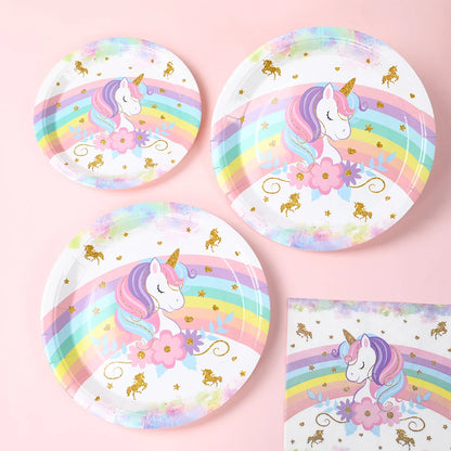 Unicorn Party Disposable Tableware Plates Napkin Rainbow Unicorn Birthday Party Decor Kids Birthday Party Supplies Baby Shower